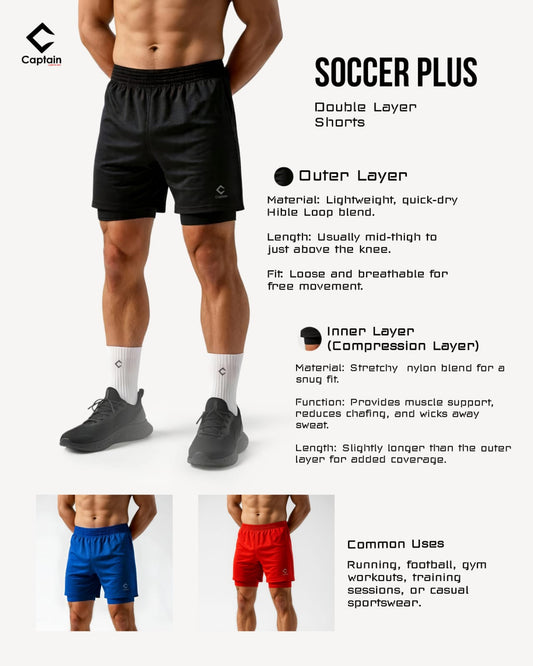 CAPTAIN DUAL LAYER SOCCER PLUS, COMPRESSION INNER LAYER, OUTER LAYER SPORTS AND MULTIPURPOSE SHORTS,GYM,CYCLING,REGULAR SHORTS